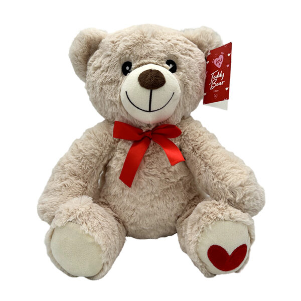 28cm Cream Teddy Bear with Red Bow & Love Heart Foot - Adorable Plush Gift for All Occasions